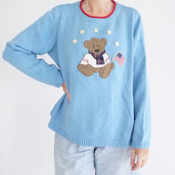 Vintage C&B Blue Teddy Bear Knit Sweater Star Appliqué Americana Cabincore XL - Picture 1 of 9